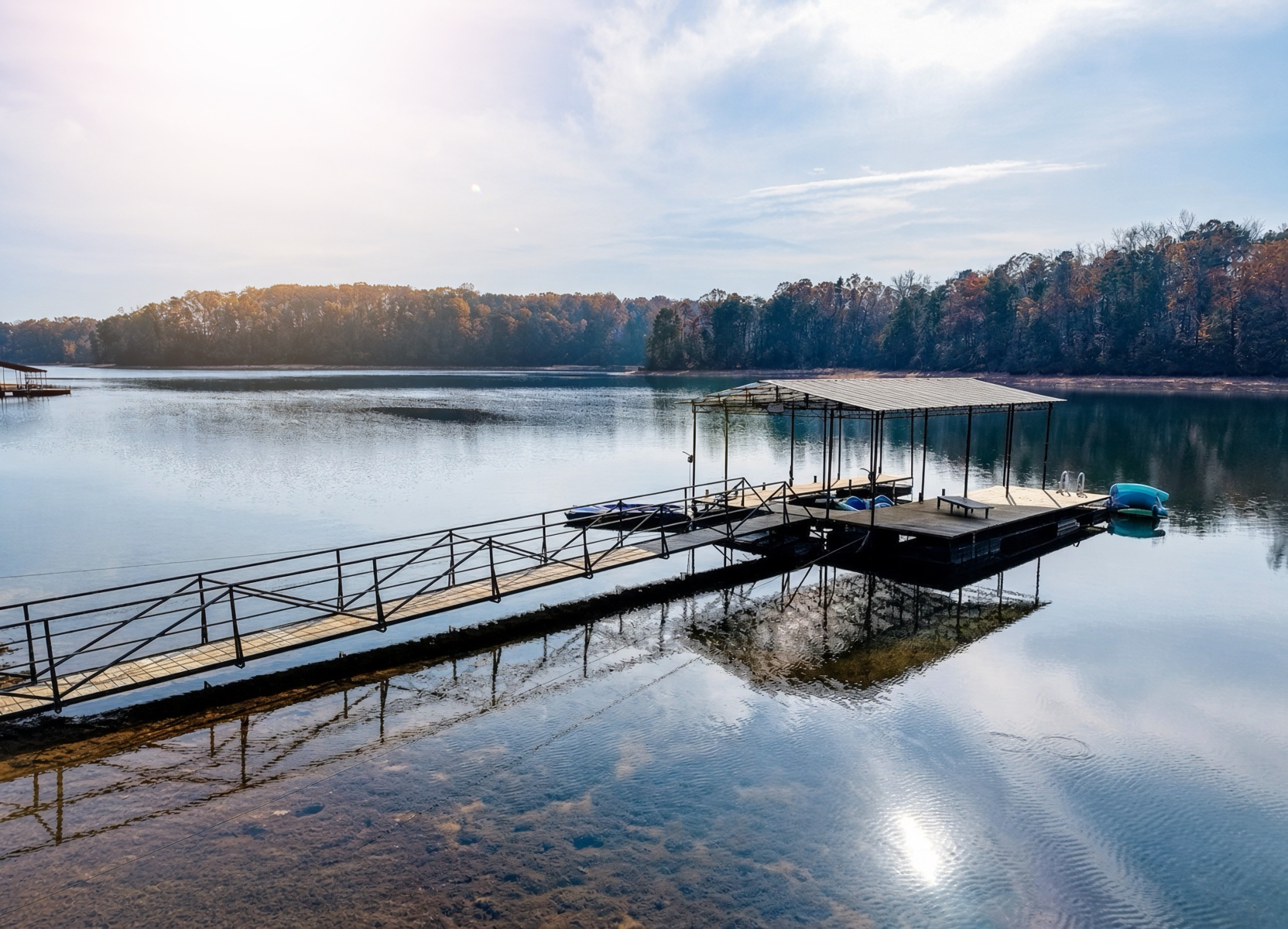 Aerial view of the private covered dock on Lake Hartwell
