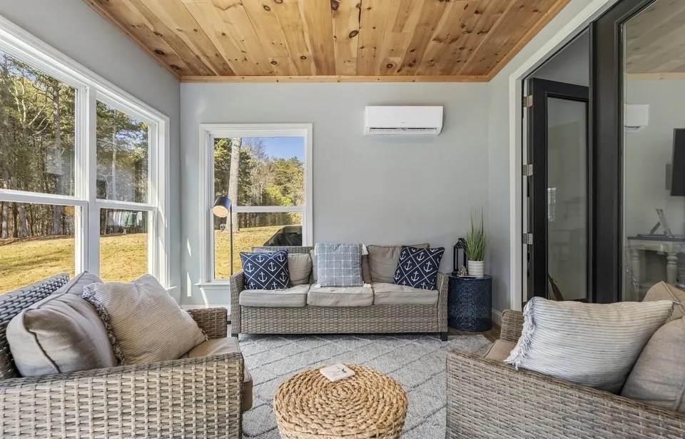 Sunroom with wood ceiling
